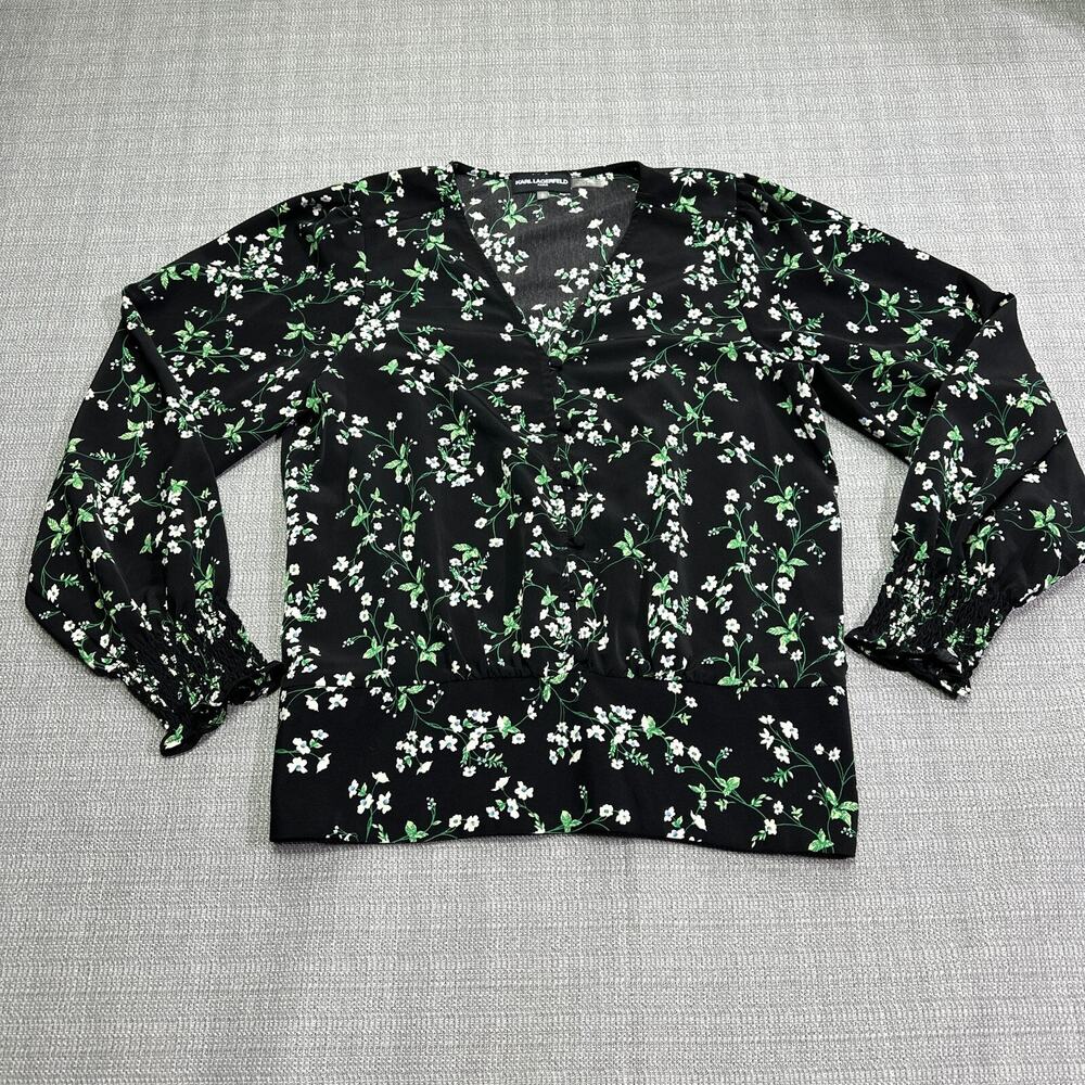 Karl Lagerfeld Top Womens Small Black Ditsy Floral Smocked Shirt Faux Button Up
